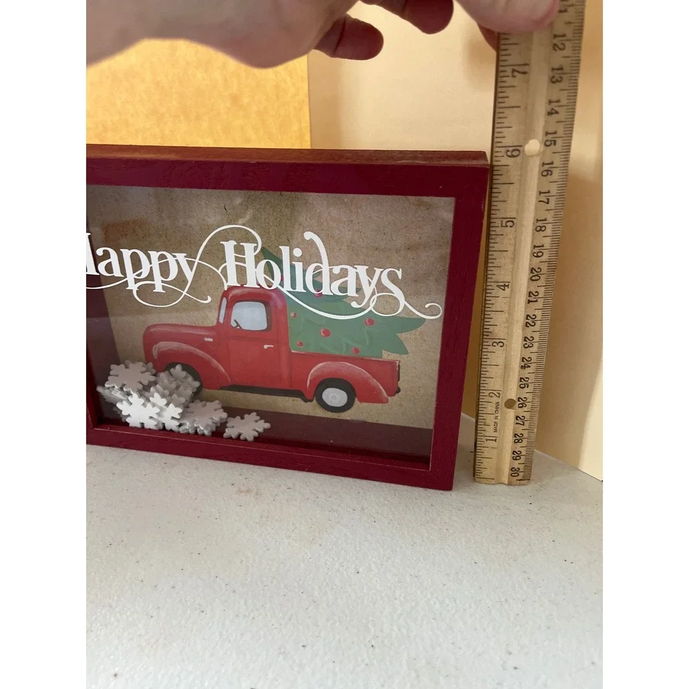 Happy Holidays Red Truck Shadow Box Christmas Decor Wall Art 8x6